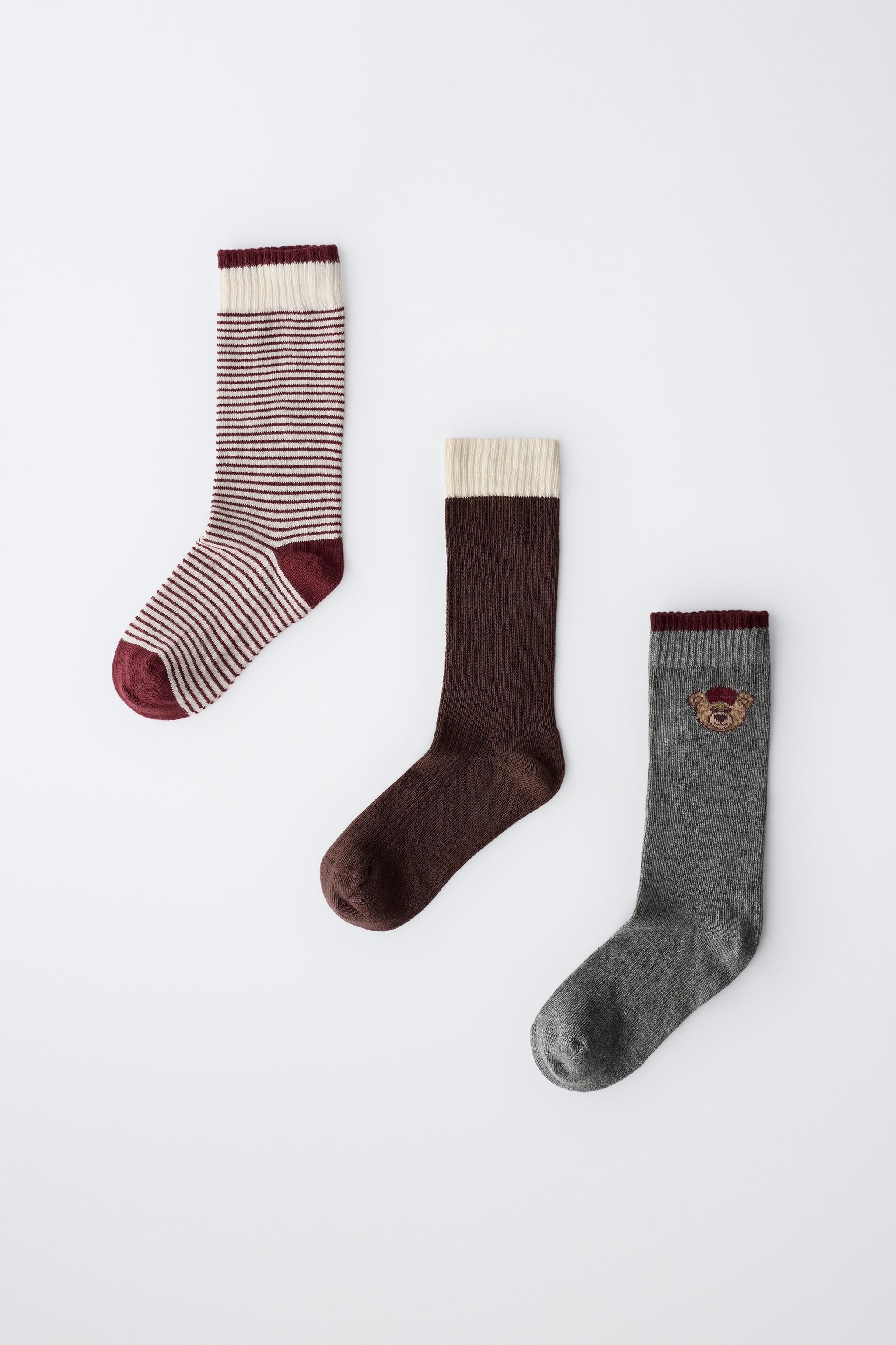 LOT DE TROIS PAIRES CHAUSSETTES MI-HAUTES OURS ET RAYURES